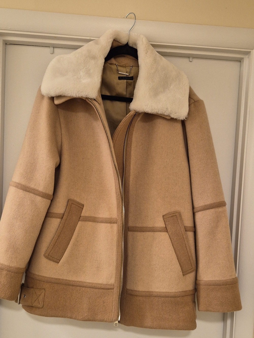 Elie Tahari Camel Teddy Jacket with Cream Shearling Collar